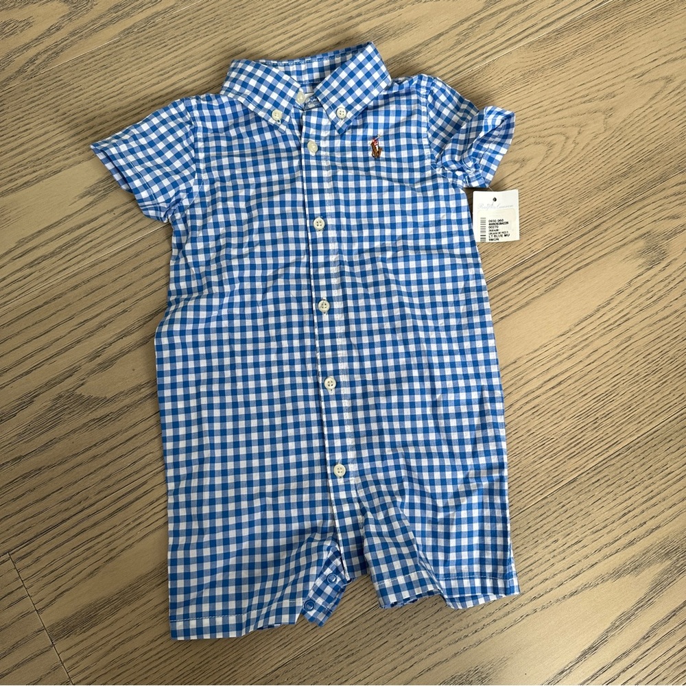 BNWT, Ralph Lauren Blue Checkered Baby Shortall, 9 months